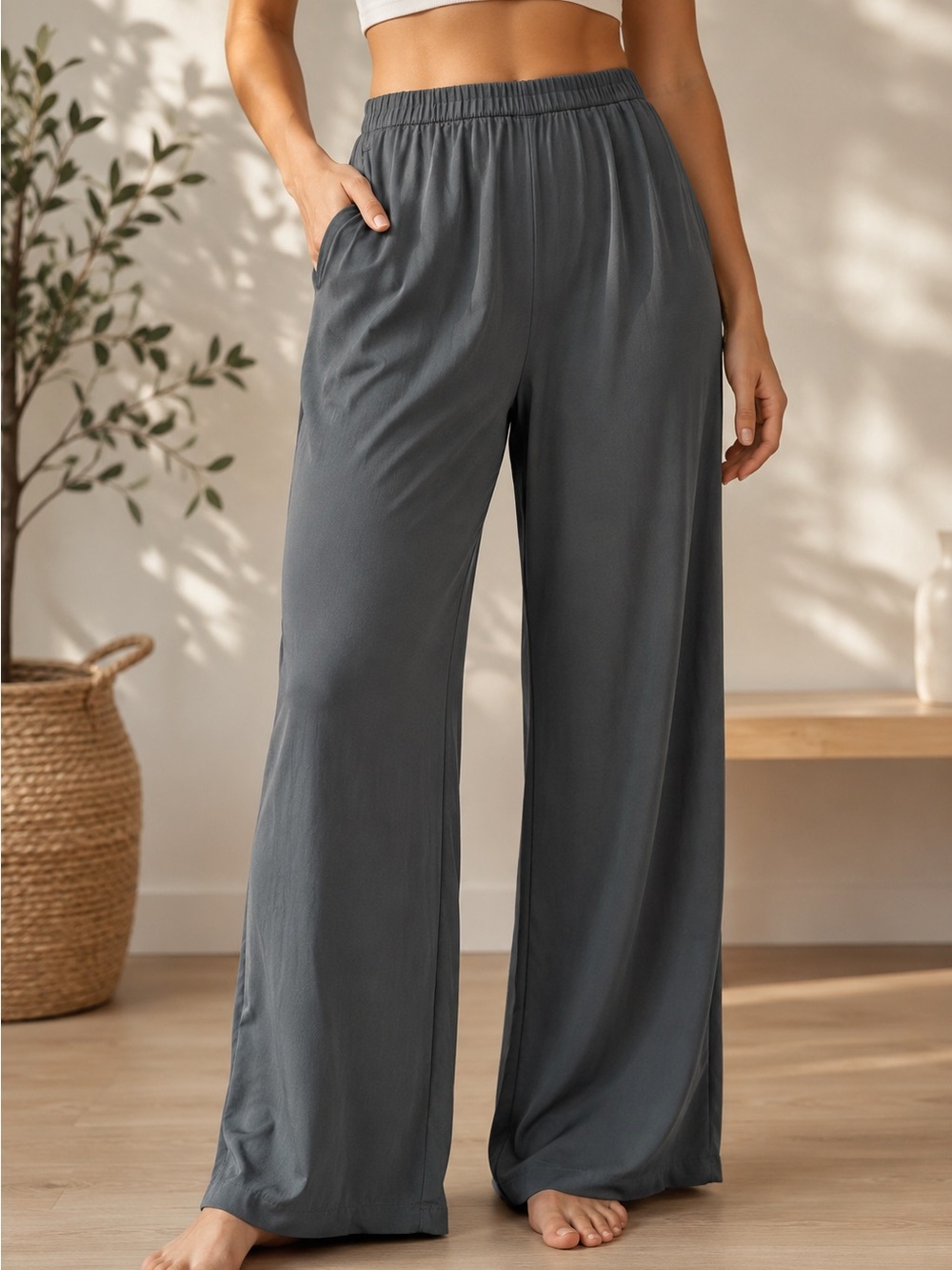100% Silk Wide-Leg Elastic Waist Pants — Charcoal Gray